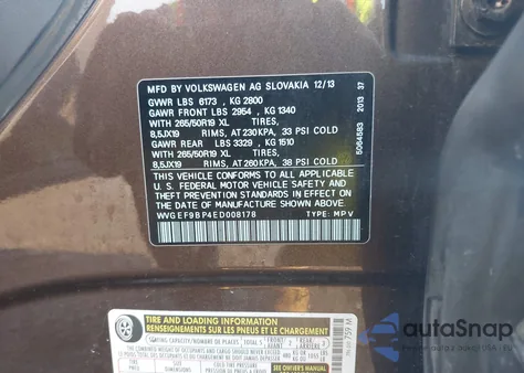 2014 Volkswagen Touareg 3.6L Lux from USA, damaged, VIN WVGEF9BP4ED008178